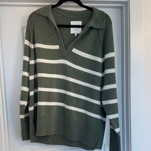 Aerie Olive and White Striped V-Neck Sweater